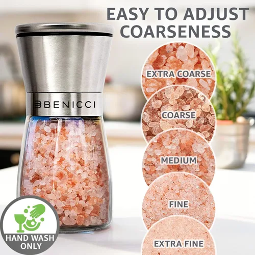 Vista 3 de Hermoso juego de molinillo de sal y pimienta de acero inoxidable de 2 unidades - Molinillo de pimienta y molinillo de sal con grosor ajustable