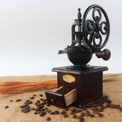 Vista 8 de Molinillo de café de fresas, Molinillo manual de madera de estilo vintage, Molino de café clásico de prensa francesa con cepillo