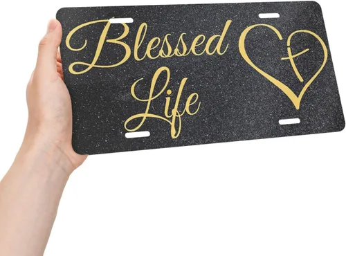 Vista 3 de Blessed Life - Placa de matrícula de aluminio con corazón dorado de 6 x 12 pulgadas, cubierta de metal para placa frontal de automóvil, accesorio