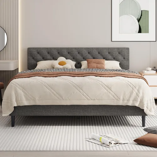 Vista 15 de BarnFurin Marco de cama tamaño completo con cabecero, cama de plataforma tapizada con cabecera acolchada con botones ajustables, marco de cama