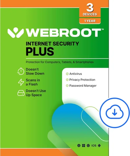 Webroot Internet Security Plus | Software antivirus 2023 | 3 dispositivos | Descarga de 1 año para PC/Mac/Chromebook/Android/iOS + Administrador de