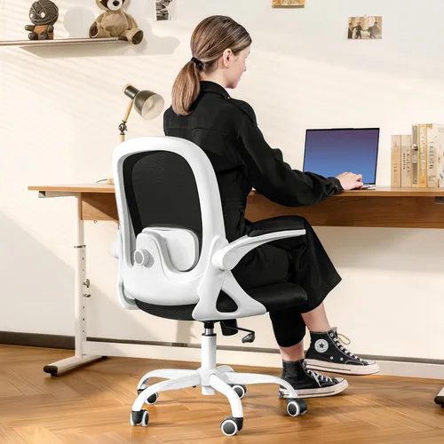 Vista 10 de Primy Silla de escritorio ergonómica con soporte lumbar 3D ajustable y altura, cómoda silla de computadora de malla con reposabrazos abatibles
