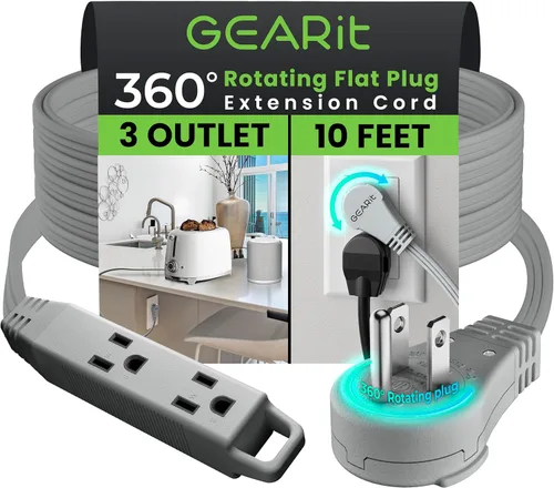 Vista 31 de GEARit Cable de extensión corto con enchufe plano giratorio de 360° y 3 tomas (2 pies, gris) 16AWG/13A Cable de 3 clavijas, Protector de toma