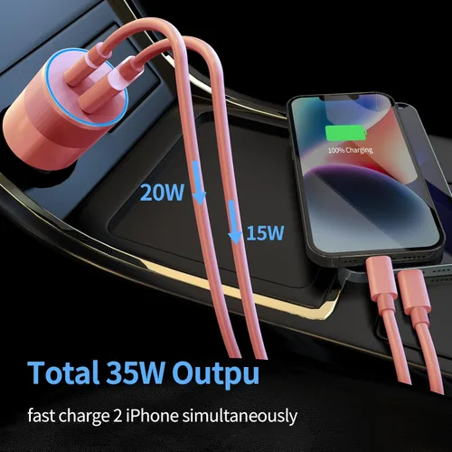 Vista 3 de Worsors Cargador rápido USB C de 35 W para automóvil [certificado Apple MFi] compatible con iPhone 14 Pro/14 Pro Max/14+/13/12/11/Mini/XS/XR/8, Rosa