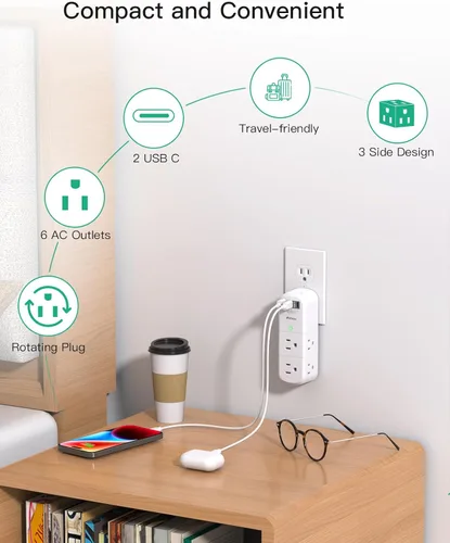Vista 6 de PD20W - Extensor de salida USB, con enchufe giratorio, 6 enchufes múltiples de CA y 3 puertos USB (2 C), divisor espaciado de regleta giratoria de 3