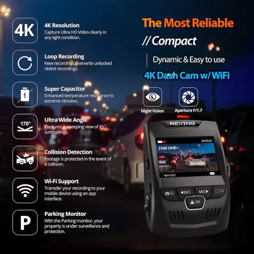 Vista 2 de rexing V1 2.4" LCD FHD 1080p 170 cámara grabadora gran angular para tablero Cámara para tablero con grabación de bucle G-Sensor, WDR