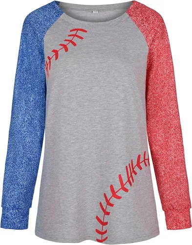 Vista 3 de Suéter de béisbol para mujer, sudadera de manga larga raglán, blusa casual con cuello redondo
