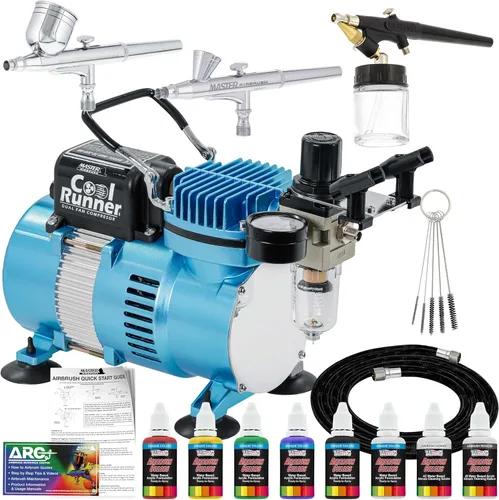 Equipo profesional de 3 sistemas de aerógrafo con compresor y kit de pinturas de 6 colores primarios, de Master Airbrush