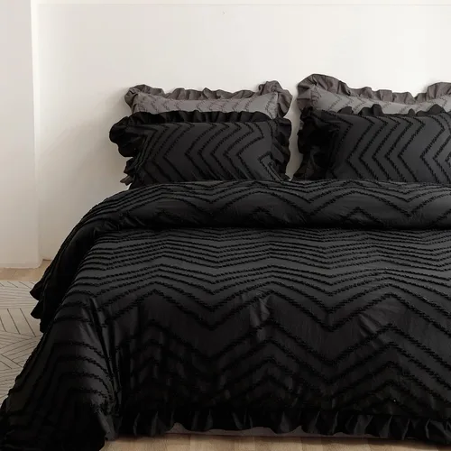 Vista 3 de Juego de funda de edredón copetuda, funda de edredón suave y transpirable con cierre de cremallera, ropa de cama bohemia bordada con volantes