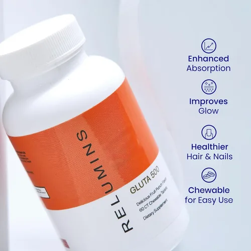 Vista 6 de Relumins Gluta 500 tabletas masticables con glutatión, ácido hialurónico, vitamina C, biotina y colágeno, apoya el tono de la piel y el brillo