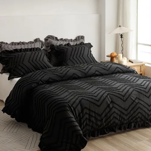 Vista 2 de Juego de funda de edredón copetuda, funda de edredón suave y transpirable con cierre de cremallera, ropa de cama bohemia bordada con volantes