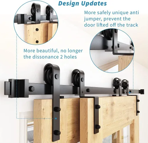 Vista 5 de ZEKOO Kit de Herrajes para Puerta de Granero Bypass de 5 Pies, Riel Único, Uso para Puertas de Madera Dobles, Rodillo de Riel Plano, Techo Bajo