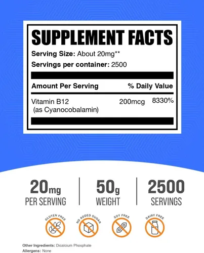 Vista 2 de BulkSupplements. com Vitamina B12 en polvo - como cianocobalamina, suplemento de vitamina B, vitamina B12 200 mcg - Vitamina esencial, sin gluten