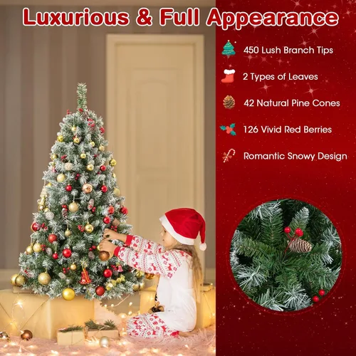 Vista 3 de Goplus Árbol de Navidad preiluminado de 5 pies, árbol de Navidad artificial con bisagras con 200 luces LED de color blanco cálido, 8 modos