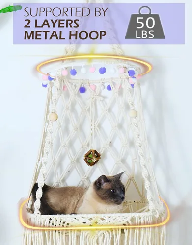 KARCEEY Cama colgante para gatos, hamaca de macramé para gatos, cama columpio bohemia con alfombrilla de hierba gatera