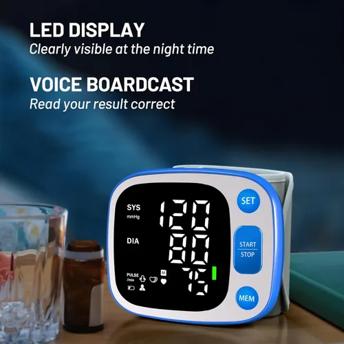 Vista 4 de Oklar Monitores de presión arterial para uso doméstico recargable de muñeca digital BP con pantalla retroiluminada LED, transmisión de voz