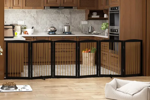 Vista 16 de PUPETPO Puerta independiente para mascotas para perros, puerta plegable de madera para perros para casa, escaleras, entradas, valla de seguridad