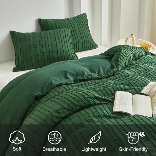 Vista 4 de WARMDERN Juego de funda de edredón de color verde bosque, tamaño Queen, funda de edredón con textura a rayas, juego de ropa de cama bohemio, 3