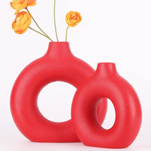 Vista 5 de Juego de 2 jarrones con forma de dona para decoración de jarrón rojo, jarrones circulares huecos, modernos jarrones de cerámica mate para entrada