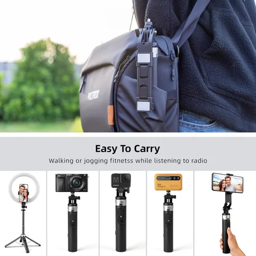 Vista 5 de Trípode para selfie, trípode extensible de 49 pulgadas para teléfono con luz LED dual y control remoto, para grabación de video/Gopro, compatible