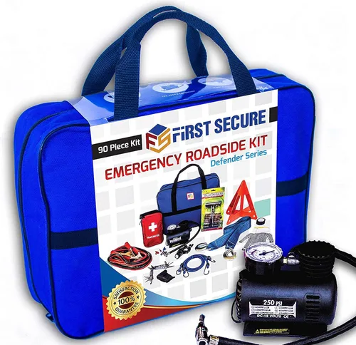 Kit de emergencia para automóvil con compresor de aire, cables de puente, primeros auxilios, correa de remolque, medidor de neumáticos, faro