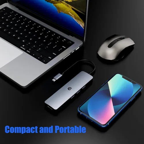 Vista 5 de Hub USB C 6 en 1, concentrador multipuerto Tiergrade con salida HDMI 4K, 3 puertos USB-A con transferencia de datos de 5 Gbps, base USB C