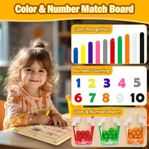 Vista 3 de Tablero magnético de madera de laberinto de color y número, tablero magnético Montessori para niños, rompecabezas magnéticos, juguetes para niños