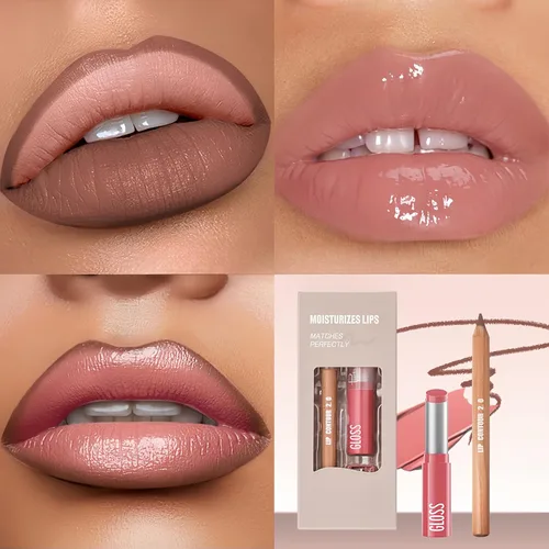 Vista 2 de Juego combinado de 2 delineadores de labios y lápiz labial, 2 en 2, impermeable, de larga duración, lápiz delineador de labios mate y brillo labial