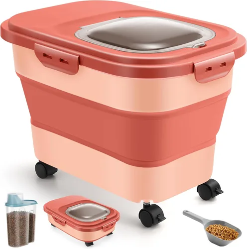 Vista 11 de ANVS Contenedor de Almacenamiento de Comida para Perros de 20 Libras Contenedor Plegable de Comida para Perros con Tapas Herméticas, Ruedas, Cuchara
