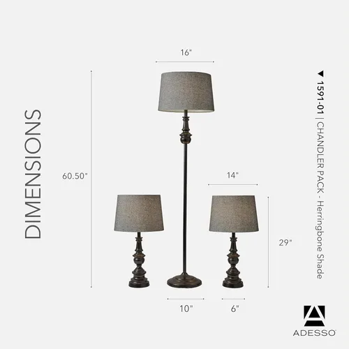 Vista 6 de Adesso Juego de lámparas de 3 piezas: dos lámparas de mesa y una lámpara de pie - Base con acabado de bronce, sombra de espiga oscura, iluminación