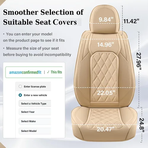 Vista 6 de Coverado Fundas de Asientos Delanteros, Funda de Asiento de Cuero Sintético de Lujo Impermeable, Protector de Asiento de Coche Beige, Funda