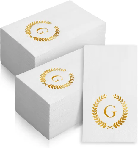 Vista 12 de Paquete de 200 servilletas desechables con monograma de papel de aluminio dorado con letra S, toallas de papel desechables para boda, compromiso