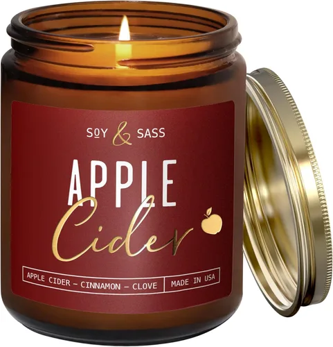 Vela de sidra de manzana, velas de otoño I de sidra de manzana, canela y nuez moscada, infundida con aceites esenciales, vela perfumada de otoño de