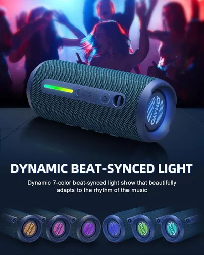 Vista 6 de OHAYO - Altavoz Bluetooth portátil, impermeable IPX7, inalámbrico con sonido estéreo de 24W, graves extra, Bluetooth 5.3, luces RGB, emparejamiento