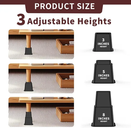 Vista 5 de Elevadores de cama ajustables de 3, 5, 8 pulgadas, resistentes, apilables, juego de 4 elevadores de cama para sofá, silla, mesa y escritorio