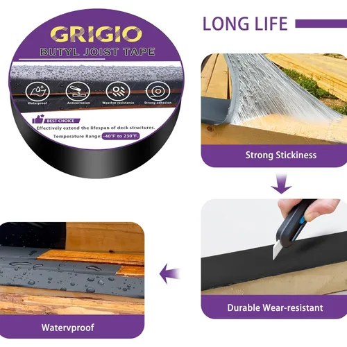 Vista 3 de Grigio Cinta de viguetas de cubierta de 2 pulgadas x 50 pies, cinta de vigueta para cubierta impermeable anticorrosiva butilo cinta intermitente
