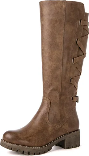 GLOBALWIN Women's Strappy Motorcycle Knee High Boots, Wide Calf Riding Boots Back Lace Up Fall Winter Fashion Knee High Boots For Women