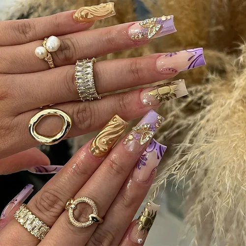 Vista 10 de IMSOHOT Uñas postizas, acrílicas de color naranja mate, puntas francesas cuadradas, 24 unidades, uñas extra largas con pegamento con bonitos diseños