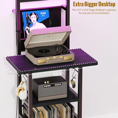 Vista 8 de YAKANJ Soporte para tocadiscos con luz LED, mesa para tocadiscos con almacenamiento de vinilos, soporte para tocadiscos con estante de exhibición