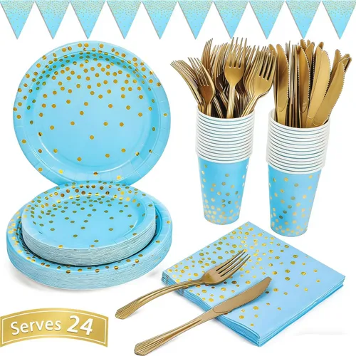 Vajilla desechable de 145 piezas de suministros para fiestas azules y dorados, incluye platos de papel, servilletas, cuchillos, tenedores, vasos Oro