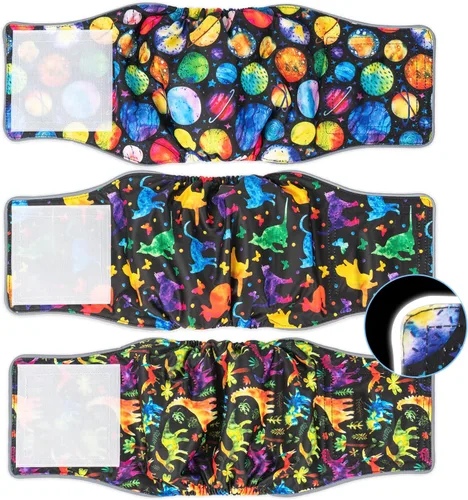 Pet Soft Bandas para el vientre para perros, pañales lavables para perros machos, reutilizables, paquete de 3 unidades para cachorros (dinosaurio,