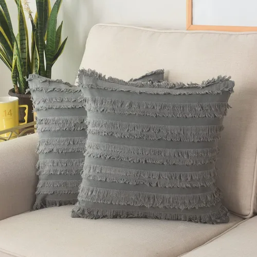Vista 26 de GYROHOME Paquete de 2 fundas de almohada de algodón y lino, fundas de cojín decorativas, diseño de borlas, fundas de cojín modernas con flecos