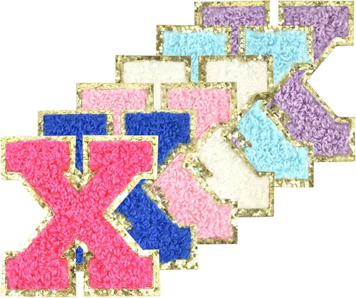 Vista 30 de 6 piezas de parches de letras de chenilla autoadhesivas con purpurina para planchar, parches de letras universitarias estilo preppy, letras difusas