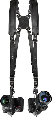 Jumyee Double Camera Harness for 2 Cameras, Adjustable Dual Shoulder Leather Camera Strap for DSLR/SLR