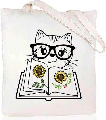 Vista 19 de Andeiltech - Bolsa de lona para mujer, con diseño de gato bonito y estética, bolsas reutilizables para compras y comestibles, con bolsillo