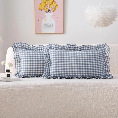 Vista 83 de Paquete de 2 fundas de almohada europeas a cuadros azul polvoriento, blanco, a cuadros, 100% algodón lavado, a cuadros, estilo francés, rústico