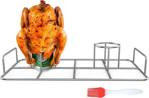 Estante Doble para Pollo con Latas de Cerveza y Cepillo de Aceite de Silicona, Soporte de Acero Inoxidable para Pollo Doble para Ahumador y