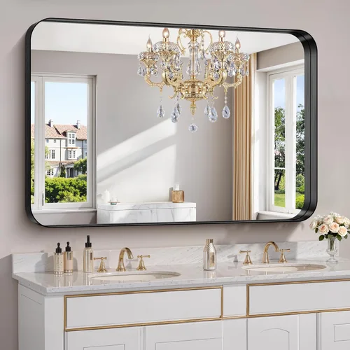 Vista 8 de FORBATH Espejo de baño de 24 x 24 pulgadas para pared, espejos de tocador con marco de metal negro para sobre el fregadero, espejo rectangular