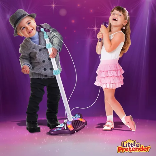 Vista 3 de Máquina de karaoke para niños con 2 micrófonos y soporte ajustable, con música para cantar, con luces de escenario intermitentes y pedales