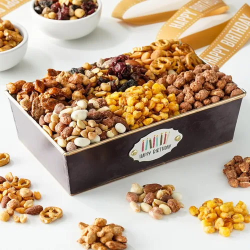 Broadway Basketeers Cesta de regalo de frutos secos de cumpleaños, una variedad de 6 mezclas de nueces gourmet, caja de alimentos, regalo saludable